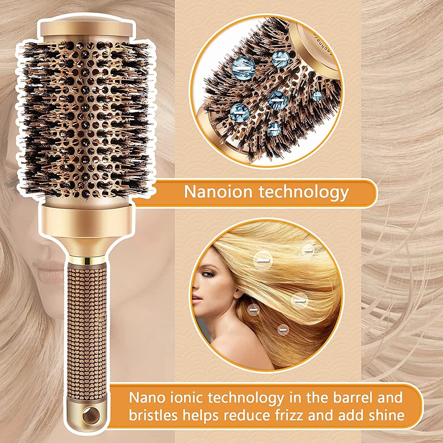 Boar Wet Bristle round Hair Brush, Ceramic Ionic Salon Pro Comb Styling Scalp Hairbrush Ideal for All Hair Types for Men and Women